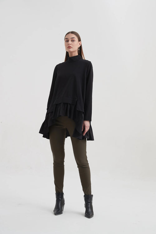 Funnel Neck Flange Blouse- Black