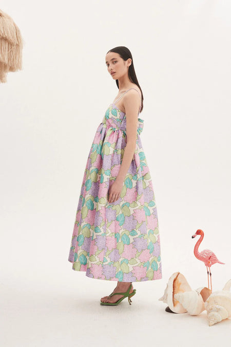 alemais luella midi dress Alemais Luella Midi Dress in Floral Lilac Print Tie Back Fitted Bodice Size 2