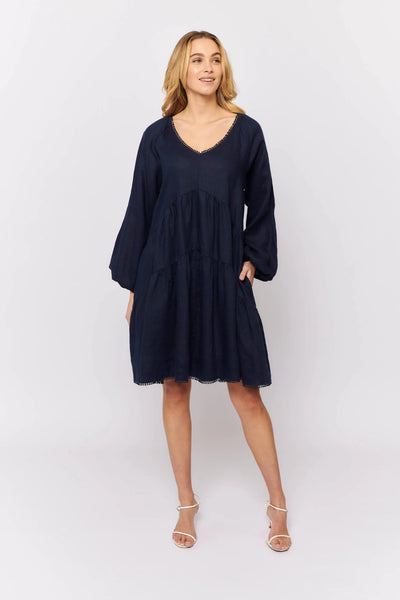 Baroque Dress In Coastal Navy Linen