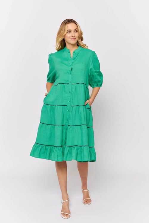 Marcella Dress In Emerald Linen