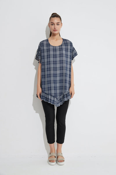 Flounce Detail Top- Navy Gingham