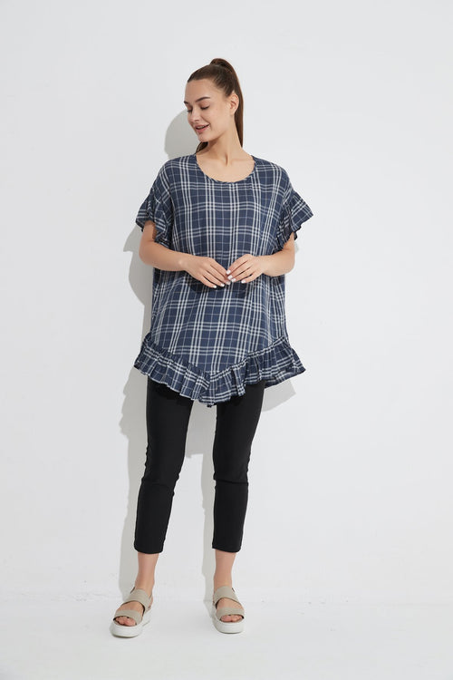 Flounce Detail Top- Navy Gingham