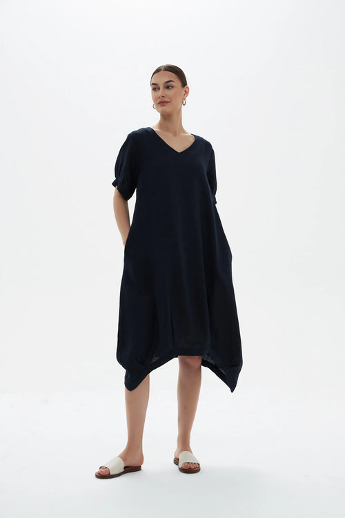 DEEPER V NECK BILLOW DRESS- NAVY