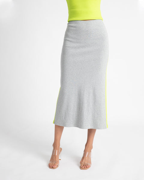 MIDI A LINE SKIRT- GREY/APPLE STRIPE