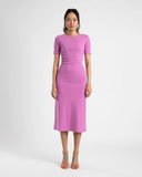 MIDI A LINE DRESS WITH SHORT SLEEVE- FUCHSIA