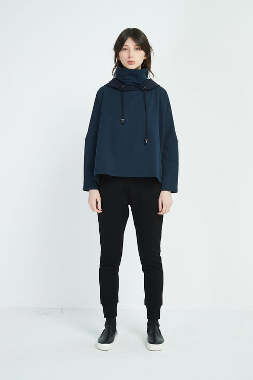 Oversized Contrast Hood Jumper- Navy