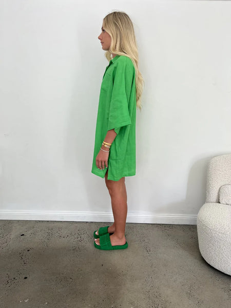 LINEN OVERSIZED SHIRT DRESS - GREEN