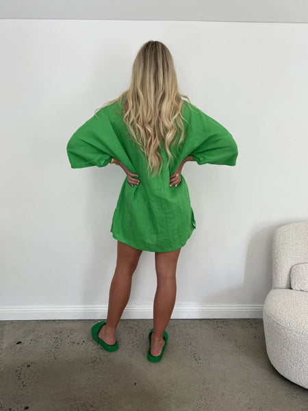 LINEN OVERSIZED SHIRT DRESS - GREEN