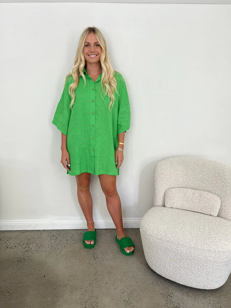 LINEN OVERSIZED SHIRT DRESS - GREEN