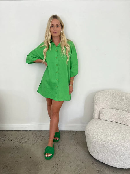 LINEN OVERSIZED SHIRT DRESS - GREEN