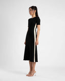 MIDI A LINE DRESS WITH SHORT SLEEVE - BLACK/CREAM STRIPE